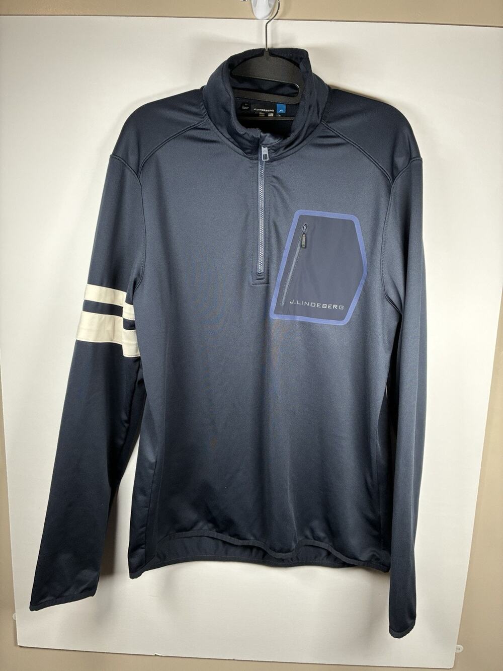 J Lindeberg Mens XL Putte Tech Mid Golf Pullover Navy Quarter Zip Chest Pocket
